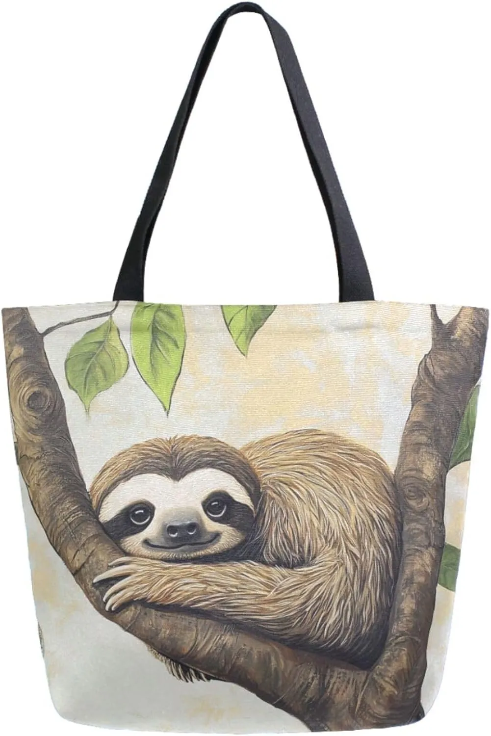 Extra Large Canvas Shoulder Tote Bag, Tree Branch Lovely Sloth Durable Daily Womens Handle Bag for Gym Yoga Weekender Picnic Beach Travel Kitchen Reusable Market Grocery Shopping