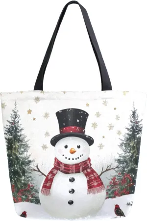 Extra Large Shoulder Grocery Tote Bag, Retro Christmas Snowman Holly Birds Snow Canvas Durable Daily Handle Bag Reusable for Gym Weekender Picnic Yoga Beach Travel Kitchen Market Shopping
