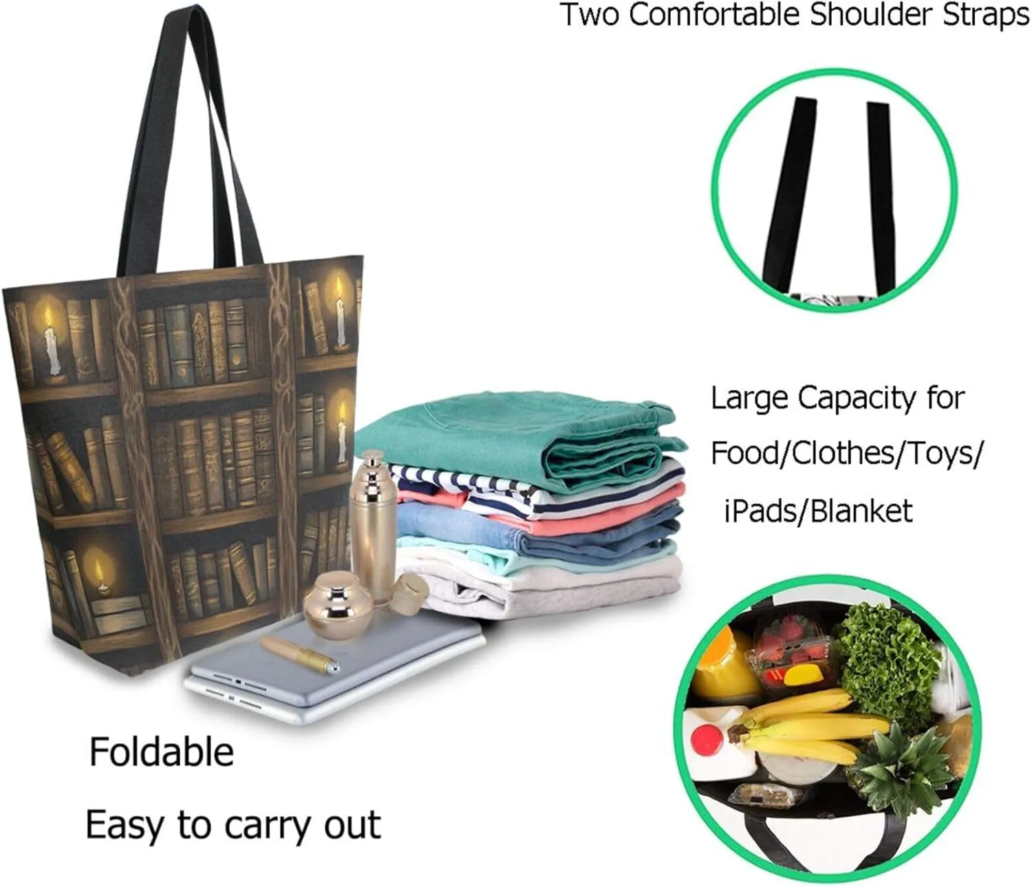 Extra Large Shoulder Grocery Tote Bag, Retro Mysterious Multi-storied Bookshelf Canvas Durable Daily Handle Bag Reusable for Gym Weekender Picnic Yoga Beach Travel Kitchen Market Shopping