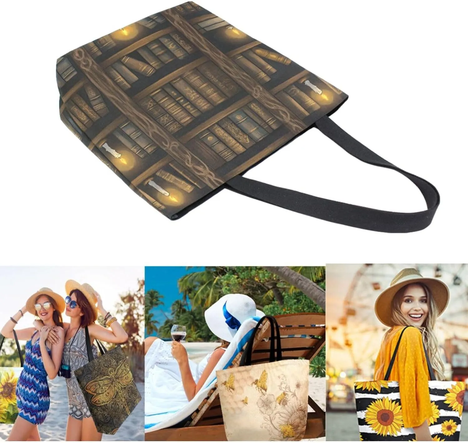 Extra Large Shoulder Grocery Tote Bag, Retro Mysterious Multi-storied Bookshelf Canvas Durable Daily Handle Bag Reusable for Gym Weekender Picnic Yoga Beach Travel Kitchen Market Shopping