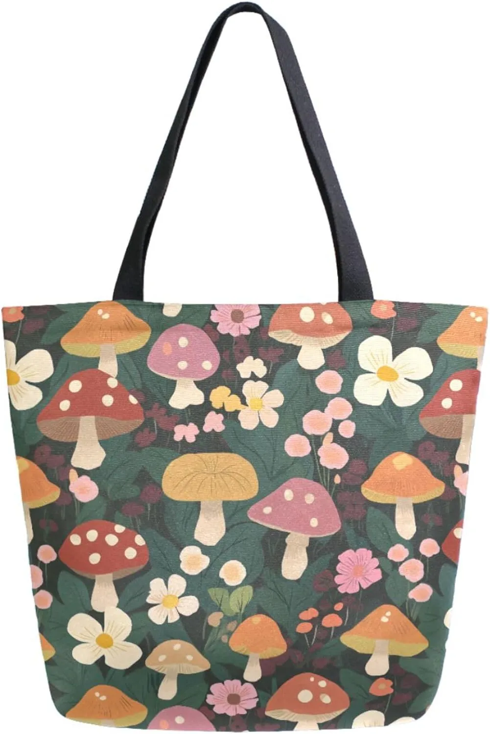 Extra Large Shoulder Gym Tote Bag, Cute Mushroom Flowers Spring Canvas Handle Bag for Yoga Weekender Picnic Beach Travel Kitchen Reusable Market Grocery Shopping
