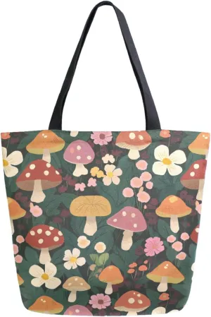 Extra Large Shoulder Gym Tote Bag, Cute Mushroom Flowers Spring Canvas Handle Bag for Yoga Weekender Picnic Beach Travel Kitchen Reusable Market Grocery Shopping