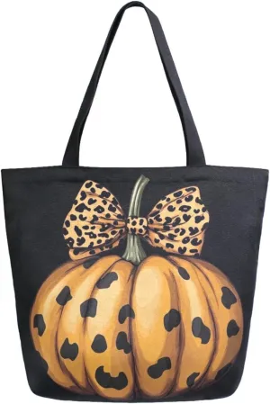 Extra Large Shoulder Gym Tote Bag, Fashion Pumpkin in Leopard Black Canvas Handle Bag for Yoga Weekender Picnic Beach Travel Kitchen Reusable Market Grocery Shopping