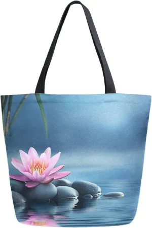 Extra Large Shoulder Gym Tote Bag, Natural Pink Lotus Stones Spa Bamboo Canvas Handle Bag for Yoga Weekender Picnic Beach Travel Kitchen Reusable Market Grocery Shopping