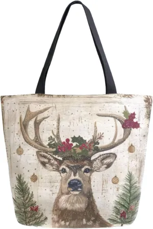 Extra Large Shoulder Gym Tote Bag, Retro Christmas Tree and Deer Canvas Handle Bag for Yoga Weekender Picnic Beach Travel Kitchen Reusable Market Grocery Shopping