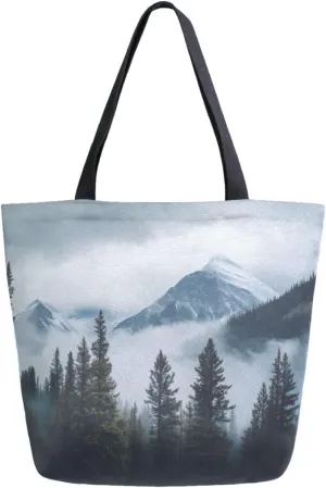 Extra Large Shoulder Gym Tote Bag, Spring Foggy Mountain Forestst Trees Silhouette Canvas Handle Bag for Yoga Weekender Picnic Beach Travel Kitchen Reusable Market Grocery Shopping