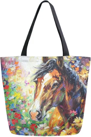 Fashion Extra Large Shoulder Grocery Tote Bag, Colorful Flowers Horse Painting Canvas Daily Handle Bag for Gym Yoga Weekender Beach Travel Picnic Kitchen Reusable Market Shopping