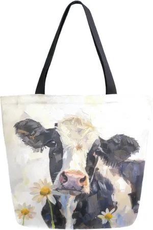 Fashion Extra Large Shoulder Grocery Tote Bag, Painting Daisy Field Cow Canvas Daily Handle Bag for Gym Yoga Weekender Beach Travel Picnic Kitchen Reusable Market Shopping