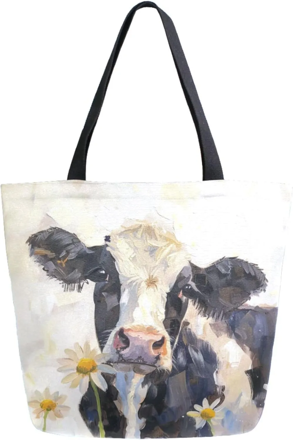 Fashion Extra Large Shoulder Grocery Tote Bag, Painting Daisy Field Cow Canvas Daily Handle Bag for Gym Yoga Weekender Beach Travel Picnic Kitchen Reusable Market Shopping