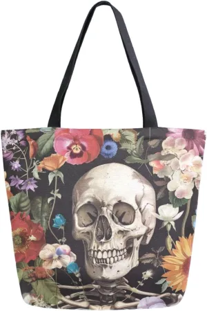 Fashion Extra Large Shoulder Grocery Tote Bag, Skeleton in Colors Flowers Halloween Canvas Daily Handle Bag for Gym Yoga Weekender Beach Travel Picnic Kitchen Reusable Market Shopping
