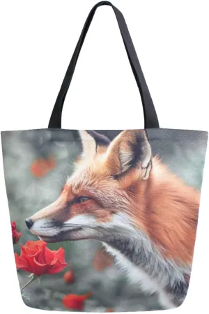 Fashion Extra Large Shoulder Grocery Tote Bag, Sping Fox Smell Red Flowers Art Canvas Daily Handle Bag for Gym Yoga Weekender Beach Travel Picnic Kitchen Reusable Market Shopping