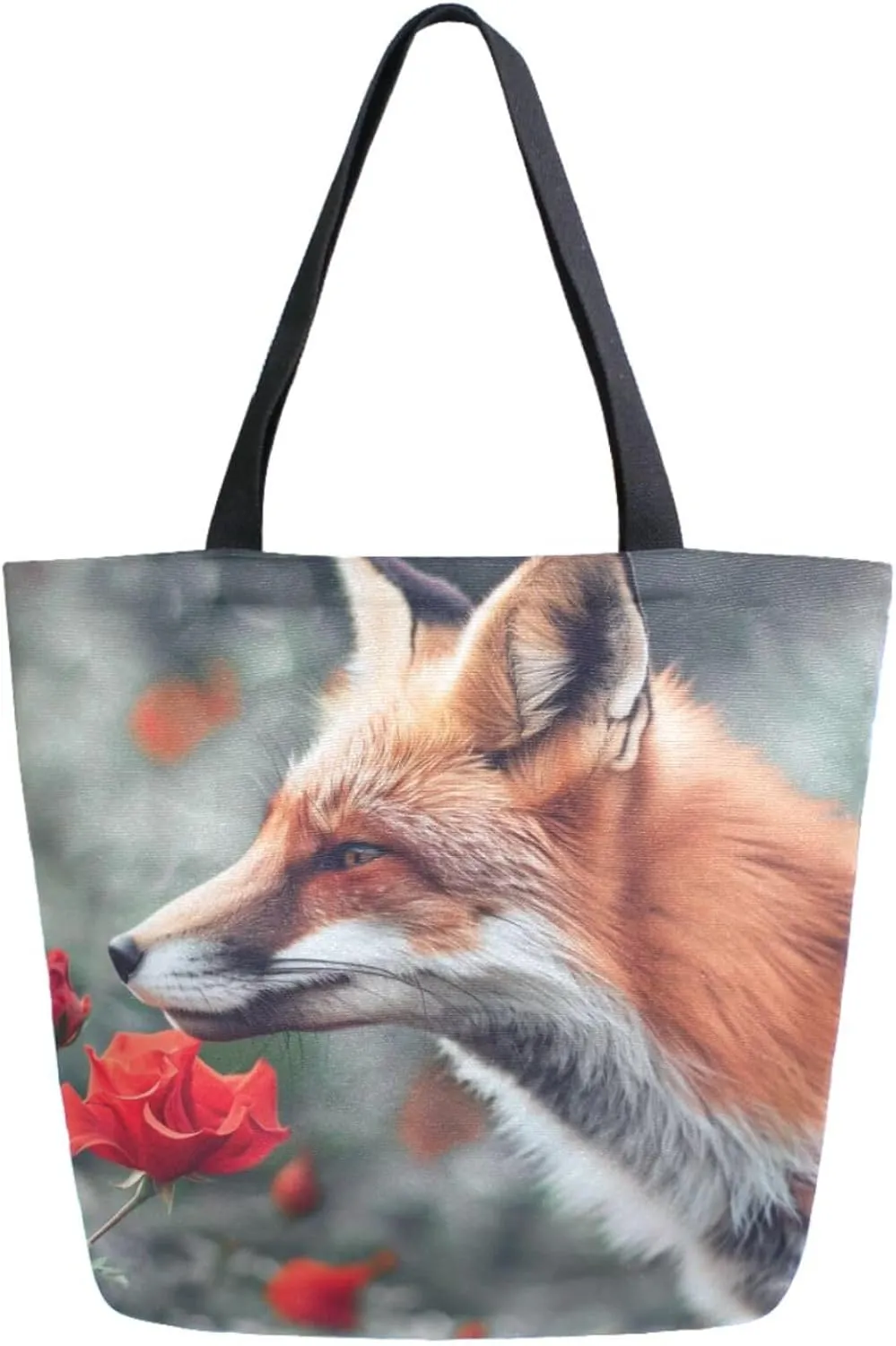 Fashion Extra Large Shoulder Grocery Tote Bag, Sping Fox Smell Red Flowers Art Canvas Daily Handle Bag for Gym Yoga Weekender Beach Travel Picnic Kitchen Reusable Market Shopping