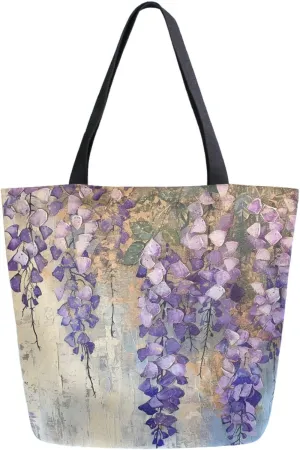 Fashion Pattern Extra Large Shoulder Grocery Tote Bag, Abstract Purple Wisteria Flower Canvas Daily Handle Bag for Gym Weekender Beach Travel Kitchen Reusable Market Shopping