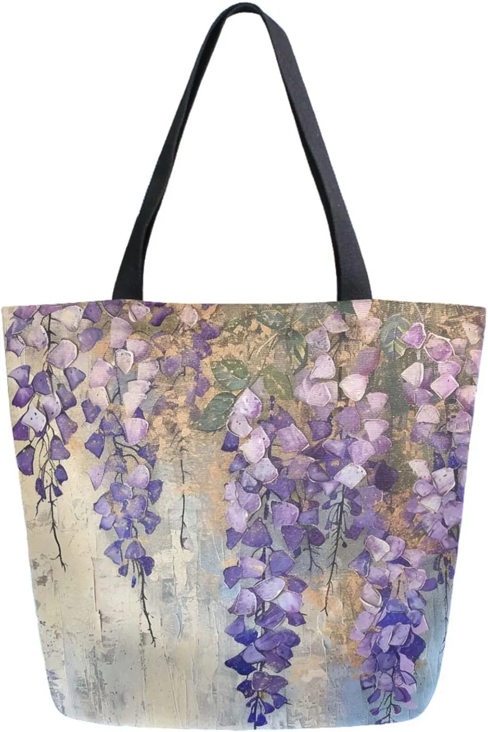 Fashion Pattern Extra Large Shoulder Grocery Tote Bag, Abstract Purple Wisteria Flower Canvas Daily Handle Bag for Gym Weekender Beach Travel Kitchen Reusable Market Shopping