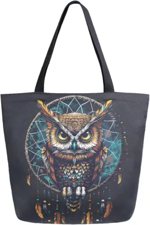 Fashion Pattern Extra Large Shoulder Grocery Tote Bag, Boho Dream Catcher and Owl Canvas Daily Handle Bag for Gym Weekender Beach Travel Kitchen Reusable Market Shopping