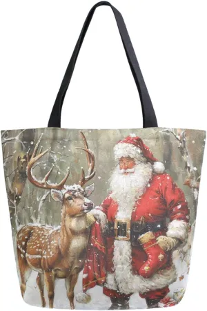 Fashion Pattern Extra Large Shoulder Grocery Tote Bag, Christmas Painting Santa Deer Canvas Daily Handle Bag for Gym Weekender Beach Travel Kitchen Reusable Market Shopping