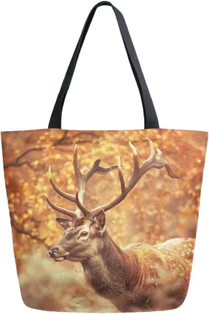 Fashion Pattern Extra Large Shoulder Grocery Tote Bag, Forest Deer in Beautiful Antler Canvas Daily Handle Bag for Gym Weekender Beach Travel Kitchen Reusable Market Shopping