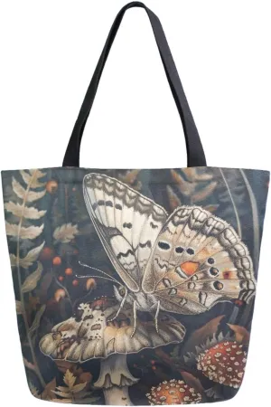 Fashion Pattern Extra Large Shoulder Grocery Tote Bag, Vintage Painting Butterfly Mushroom Canvas Daily Handle Bag for Gym Weekender Beach Travel Kitchen Reusable Market Shopping