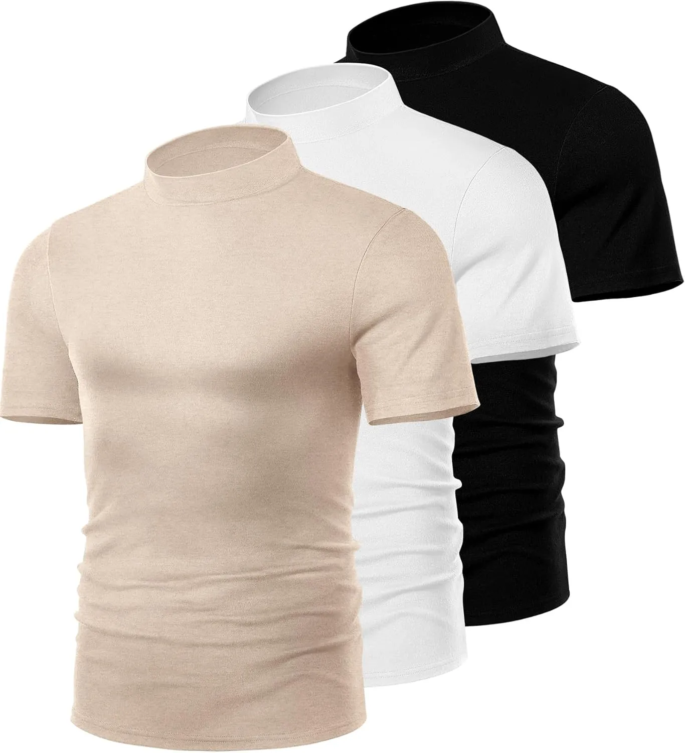 Ficerd 3 Pack Men's Mock Neck T Shirts, Cotton Short Sleeve Turtleneck Tee Shirts Slim Fit Basic Casual Solid Undershirt Tops
