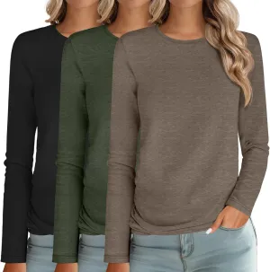 Ficerd 3 Packs Women's Long Sleeve Shirts Crew Neck Shirts 2025 Fall Tops Basic Tee Casual Loose Fit Clothes Outfits Blouse