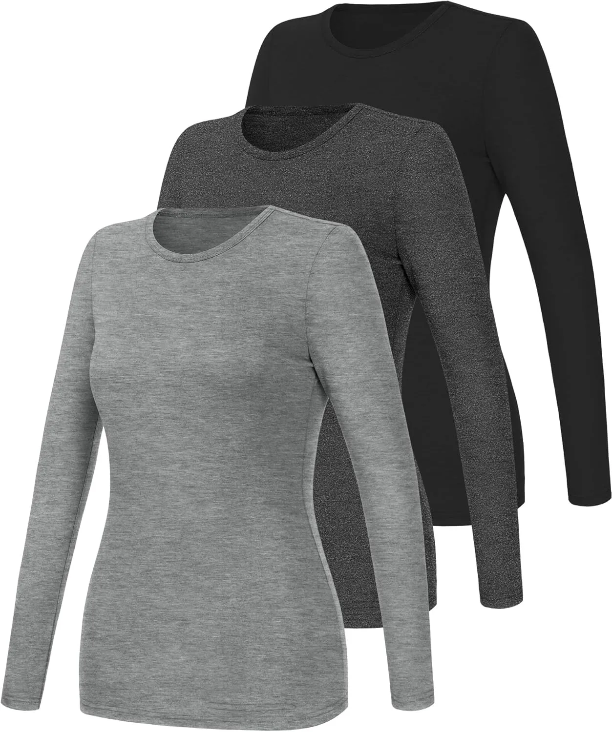 Ficerd 3 Packs Women's Long Sleeve Shirts Crew Neck Shirts 2025 Fall Tops Basic Tee Casual Loose Fit Clothes Outfits Blouse