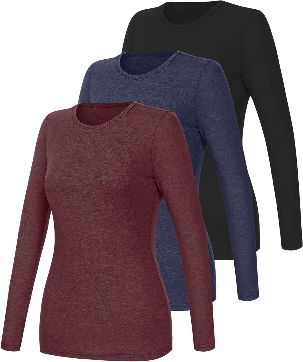 Ficerd 3 Packs Women's Long Sleeve Shirts Crew Neck Shirts 2025 Fall Tops Basic Tee Casual Loose Fit Clothes Outfits Blouse