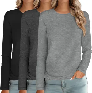 Ficerd 3 Packs Women's Long Sleeve Shirts Crew Neck Shirts 2025 Fall Tops Basic Tee Casual Loose Fit Clothes Outfits Blouse