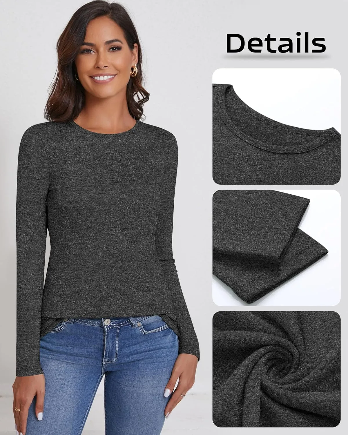Ficerd 3 Packs Women's Long Sleeve Shirts Crew Neck Shirts 2025 Fall Tops Basic Tee Casual Loose Fit Clothes Outfits Blouse