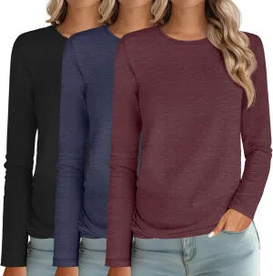 Ficerd 3 Packs Women's Long Sleeve Shirts Crew Neck Shirts 2025 Fall Tops Basic Tee Casual Loose Fit Clothes Outfits Blouse
