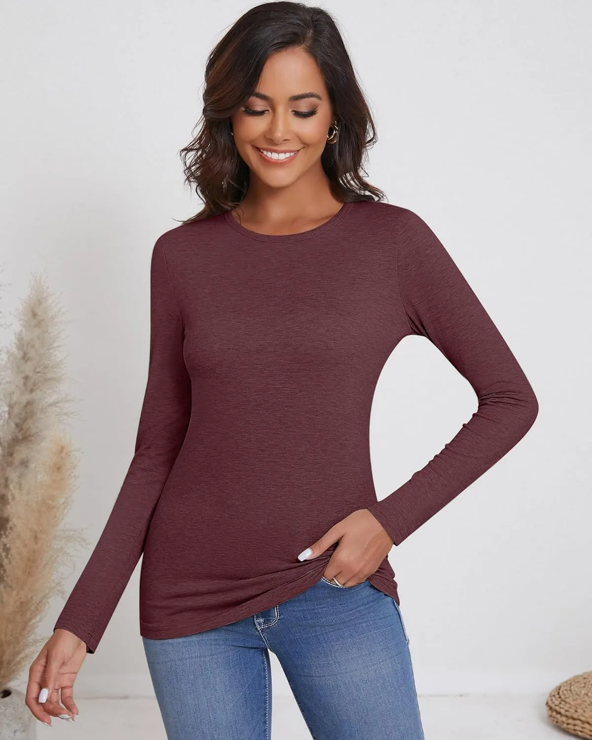 Ficerd 3 Packs Women's Long Sleeve Shirts Crew Neck Shirts 2025 Fall Tops Basic Tee Casual Loose Fit Clothes Outfits Blouse