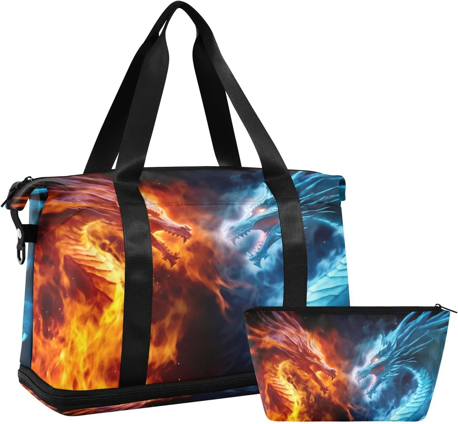 Fire Dragon and Ice Dragon Sports Gym Bag with Waterproof Dry Wet Pocket, Travel Duffel Bag for Women MenWorkout Bag Fits Yoga, Swimming