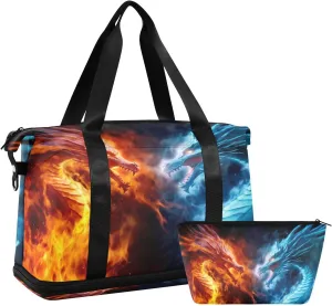 Fire Dragon and Ice Dragon Sports Gym Bag with Waterproof Dry Wet Pocket, Travel Duffel Bag for Women MenWorkout Bag Fits Yoga, Swimming