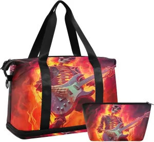 Flame Skull Playing Guitar Sports Gym Bag with Waterproof Dry Wet Pocket, Travel Duffel Bag for Women MenWorkout Bag Fits Yoga, Swimming