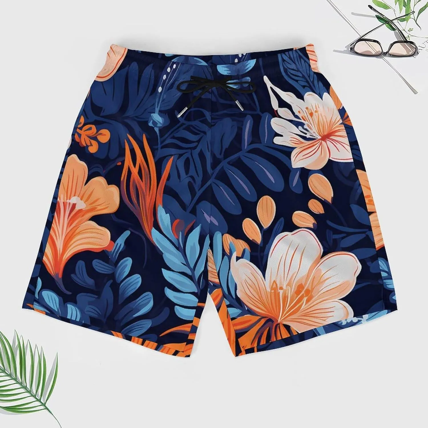 Floral Tropical Leaf Men's Swim Trunks with Compression Liner Beach Swimming Shorts with Drawstring and Pockets