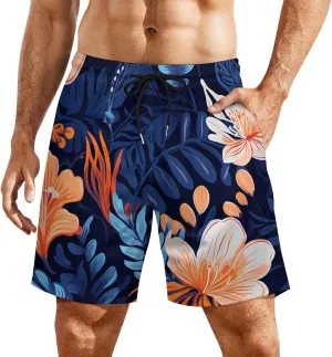 Floral Tropical Leaf Men's Swim Trunks with Compression Liner Beach Swimming Shorts with Drawstring and Pockets
