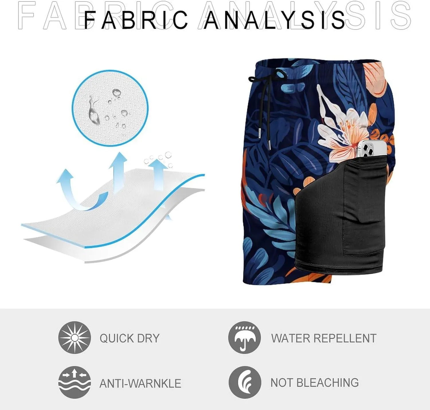 Floral Tropical Leaf Men's Swim Trunks with Compression Liner Beach Swimming Shorts with Drawstring and Pockets