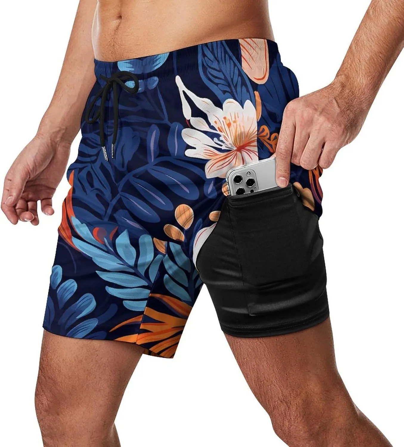 Floral Tropical Leaf Men's Swim Trunks with Compression Liner Beach Swimming Shorts with Drawstring and Pockets