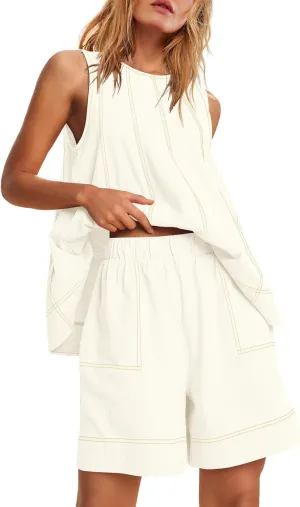 FLORENCE IISA Womens Short Sets 2 Piece Outfits Summer Sleeveless Tank Top Matching Set with Pockets
