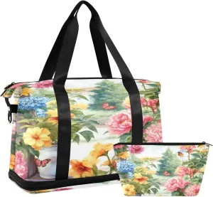 Flowers Watercolor Sports Gym Bag with Waterproof Dry Wet Pocket, Travel Duffel Bag for Women MenWorkout Bag Fits Yoga, Swimming