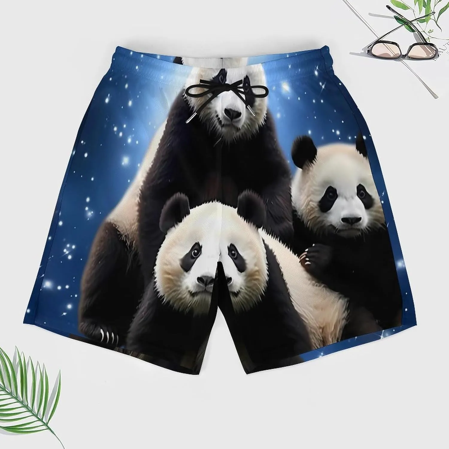 Galaxy Space Panda Bear Men's Swim Trunks with Compression Liner Beach Swimming Shorts with Drawstring and Pockets