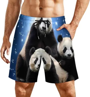 Galaxy Space Panda Bear Men's Swim Trunks with Compression Liner Beach Swimming Shorts with Drawstring and Pockets