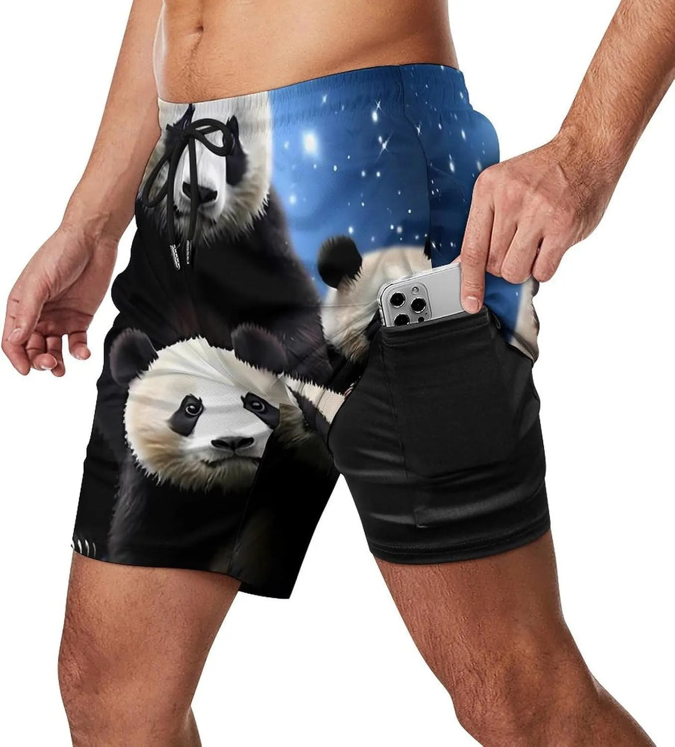 Galaxy Space Panda Bear Men's Swim Trunks with Compression Liner Beach Swimming Shorts with Drawstring and Pockets
