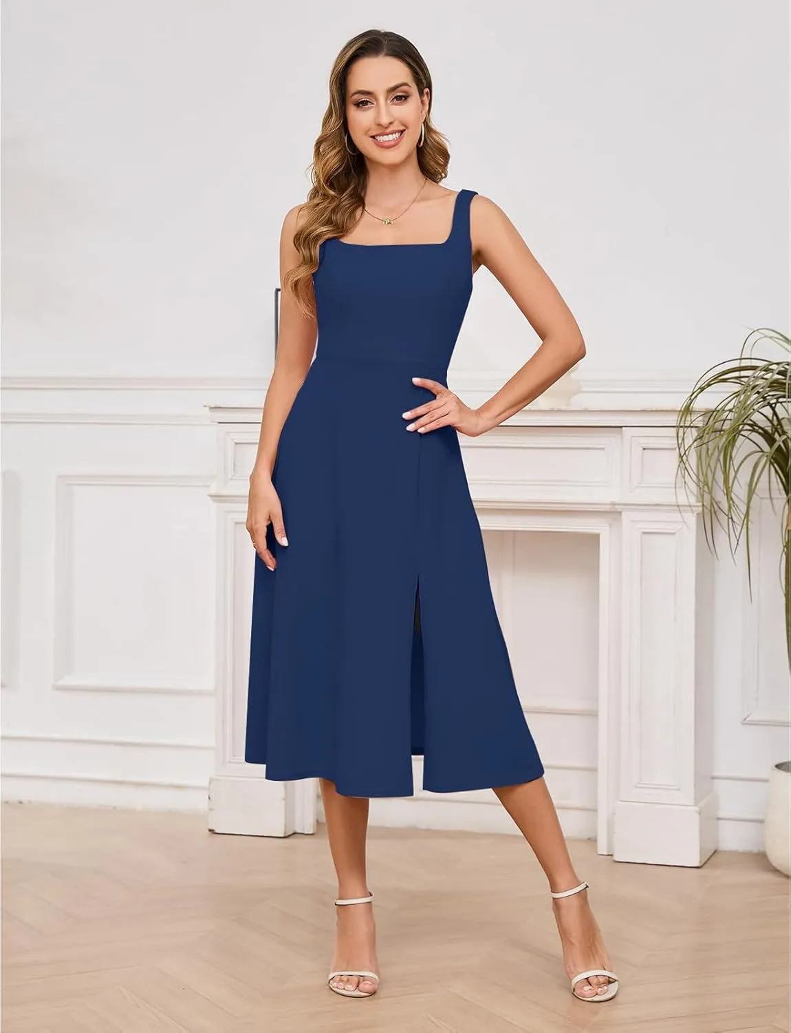 Gardenwed Womens Long Cocktail Dress Sleeveless Square Neck Summer Formal Wedding Guest Bridesmaid Swing Split Dresses