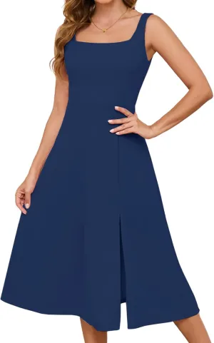 Gardenwed Womens Long Cocktail Dress Sleeveless Square Neck Summer Formal Wedding Guest Bridesmaid Swing Split Dresses