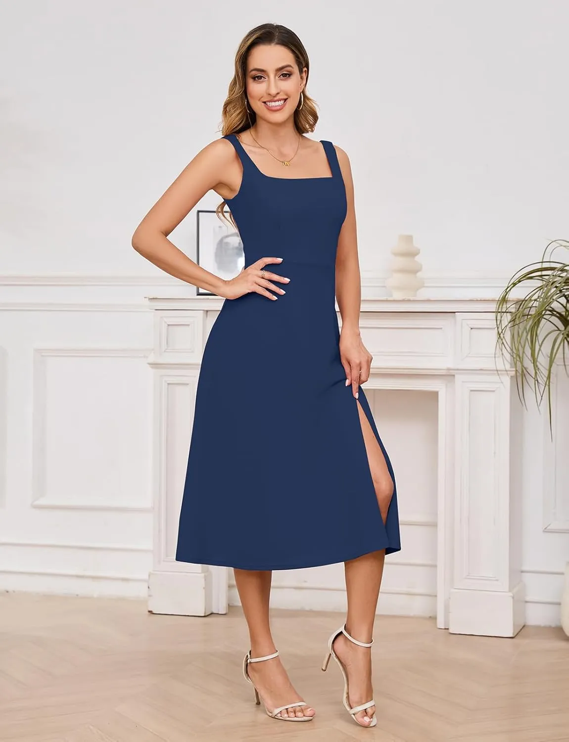 Gardenwed Womens Long Cocktail Dress Sleeveless Square Neck Summer Formal Wedding Guest Bridesmaid Swing Split Dresses