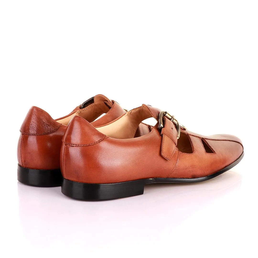 Gianfranco Butteri Brown Leather with Golden Logo Sandals