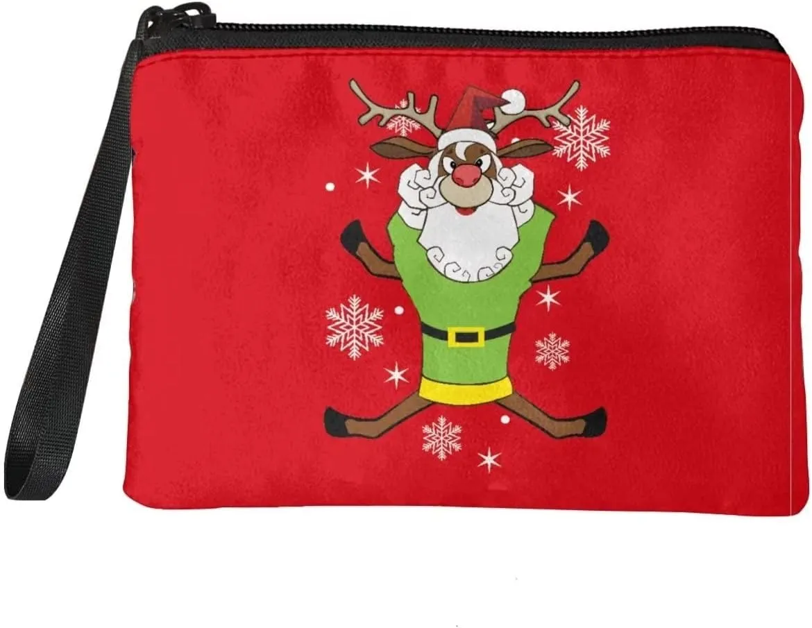 GIFTPUZZ Funny Christmas Deer Coin Purse for Women Men, Coins Credit Cards Change Pouch Zipper Wallet, Small Travel Handbag Organizer Wallets with Wrist Strap Red