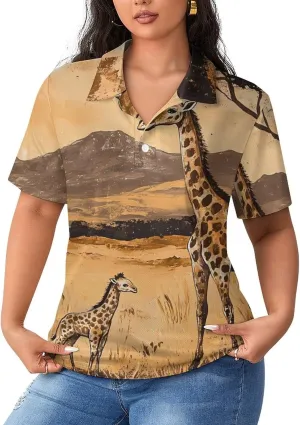 Giraffes Vintage Field Women's Cool Polo Shirt Ladies Sport Poloshirt Classic Short Sleeve Straight Top L