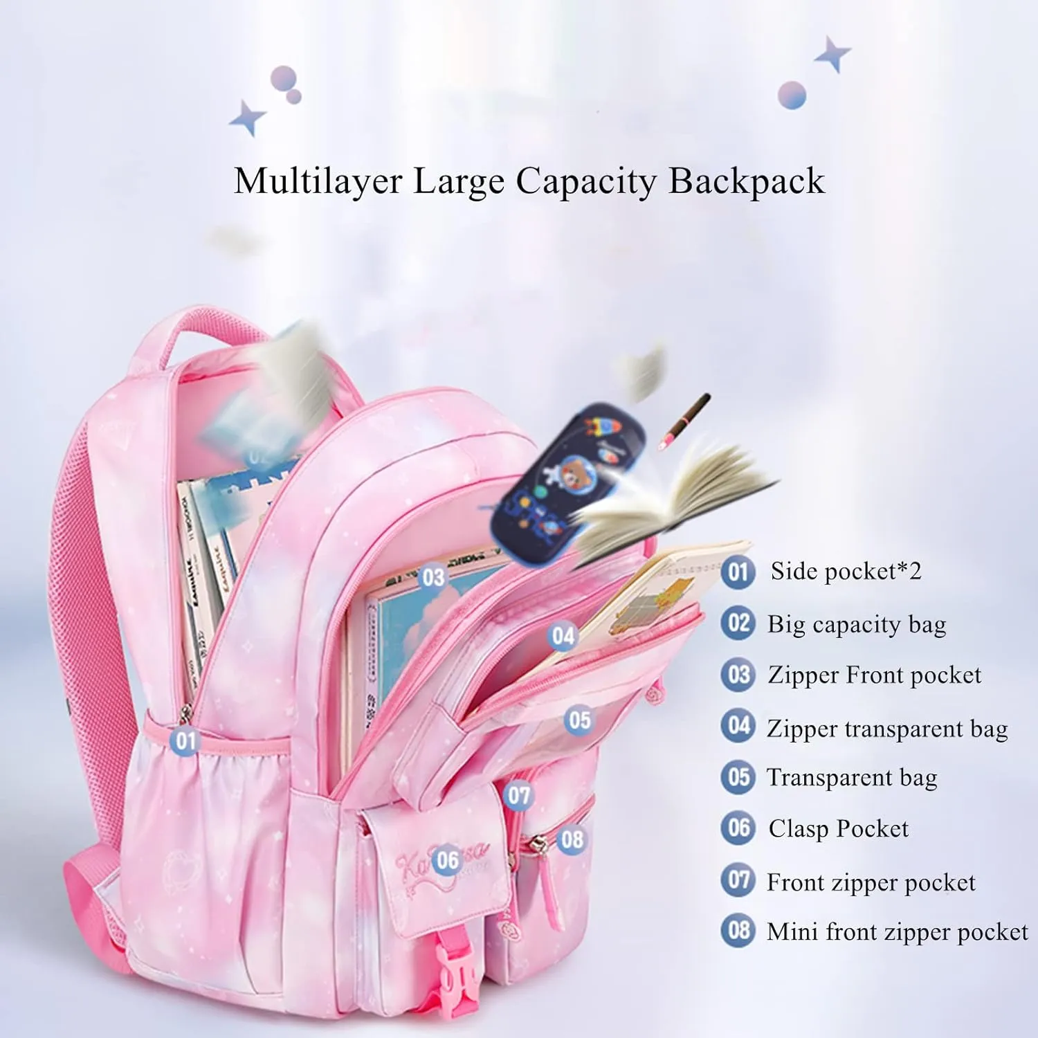 Girls backpack,Kids Backpack for Girl,Cute Elementary Bookbag Waterproof Large Capacity School Bag Backpacks for Girls (Pink)