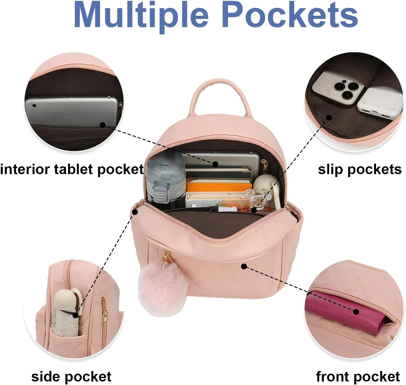 Girls Fashion Mini Backpack Purse Small Cute Plaid Leather Women Backpacks Little Bag (Pink)